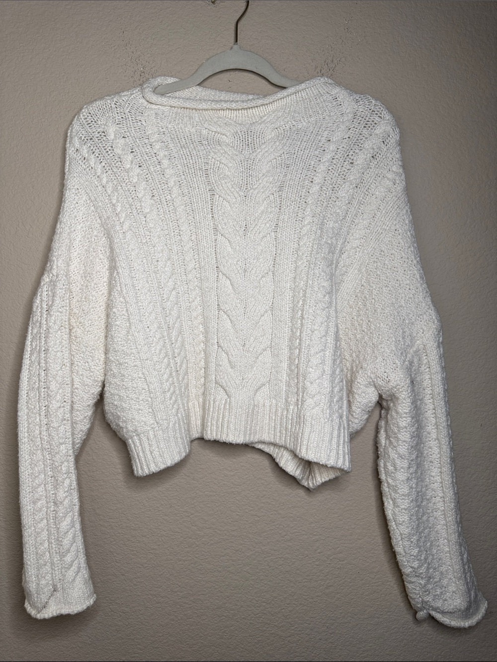 Anthropologie Pilcro Cropped White Cable-Knit Sweater Size Large Petit